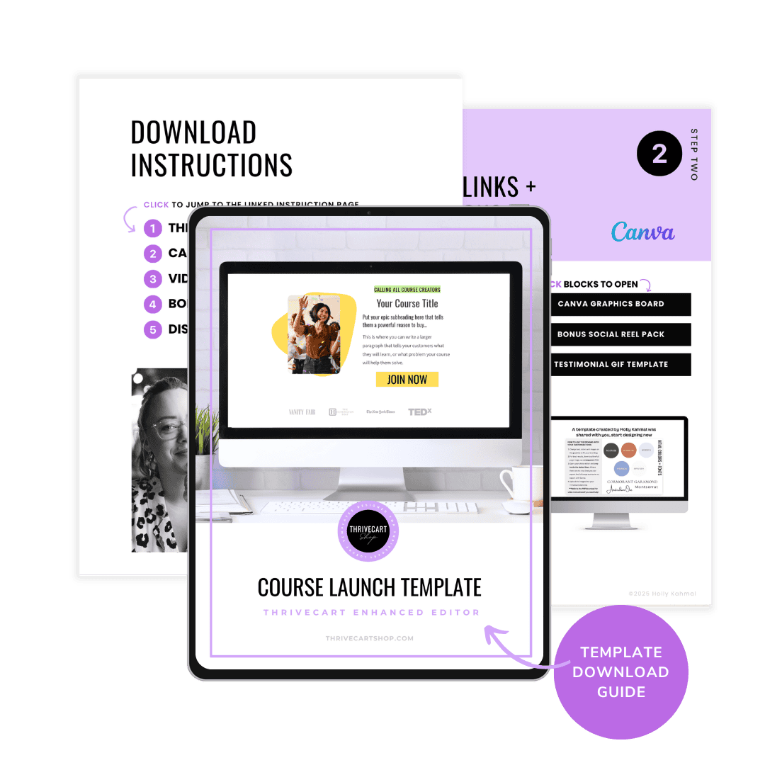 Course launch template with instructions, links, and Canva graphics for ThriveCart.