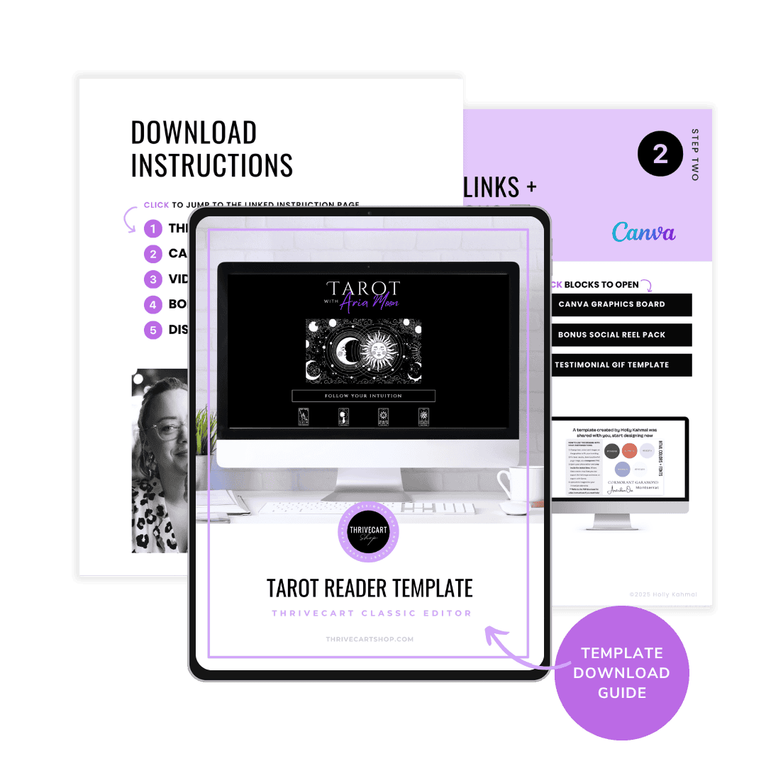 Tarot reader template for ThriveCart with setup instructions and download guide.