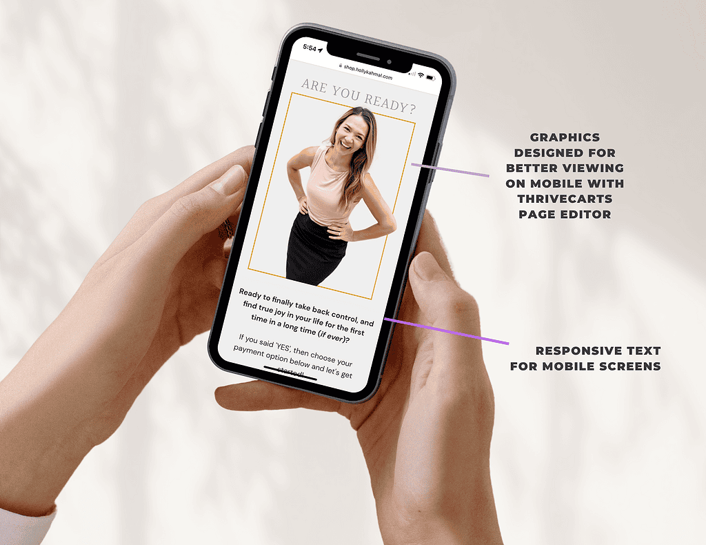 Mobile view of ThriveCart course creator template with graphics and responsive text.