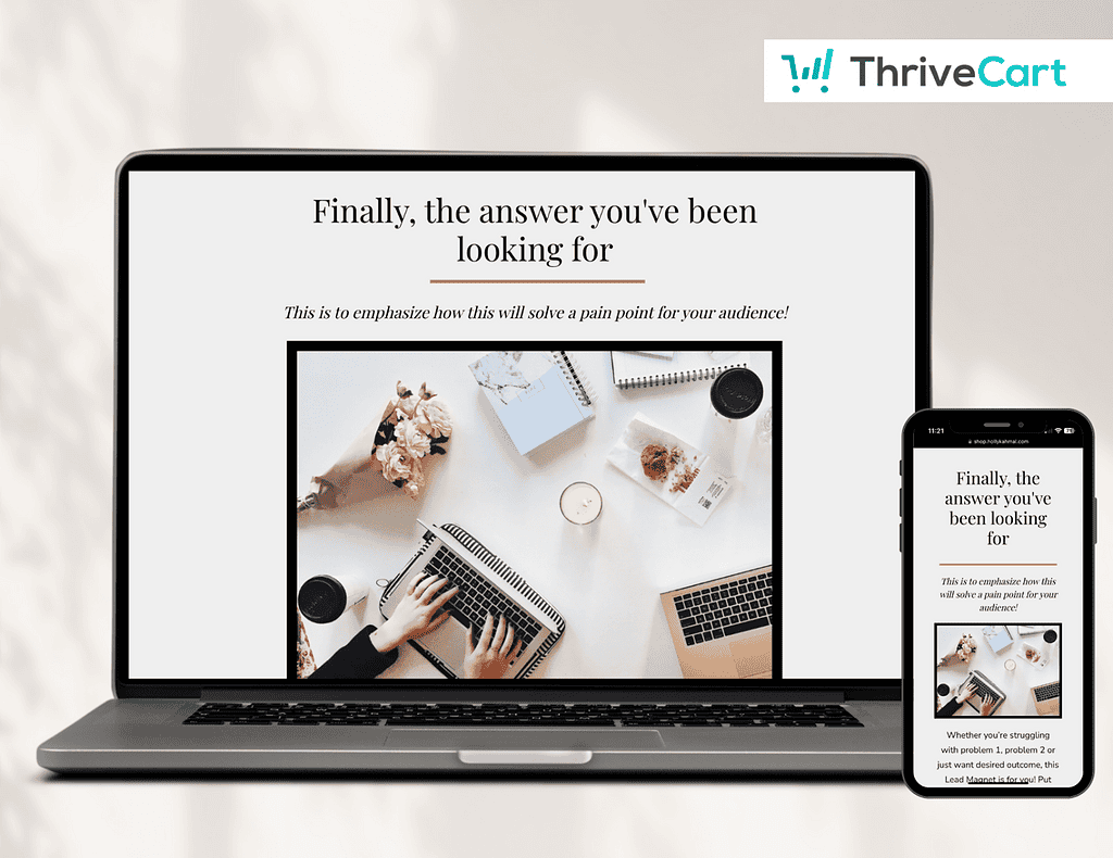 ThriveCart lead magnet opt-in template displayed on laptop and phone screens.