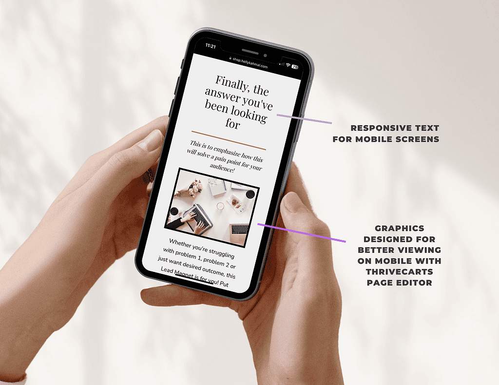 Mobile phone displaying Thrivecartshop website with responsive text and graphics.