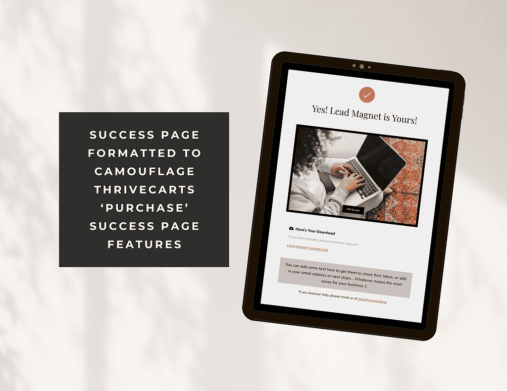 Tablet displaying Thrivecartshop success page with lead magnet offer.
