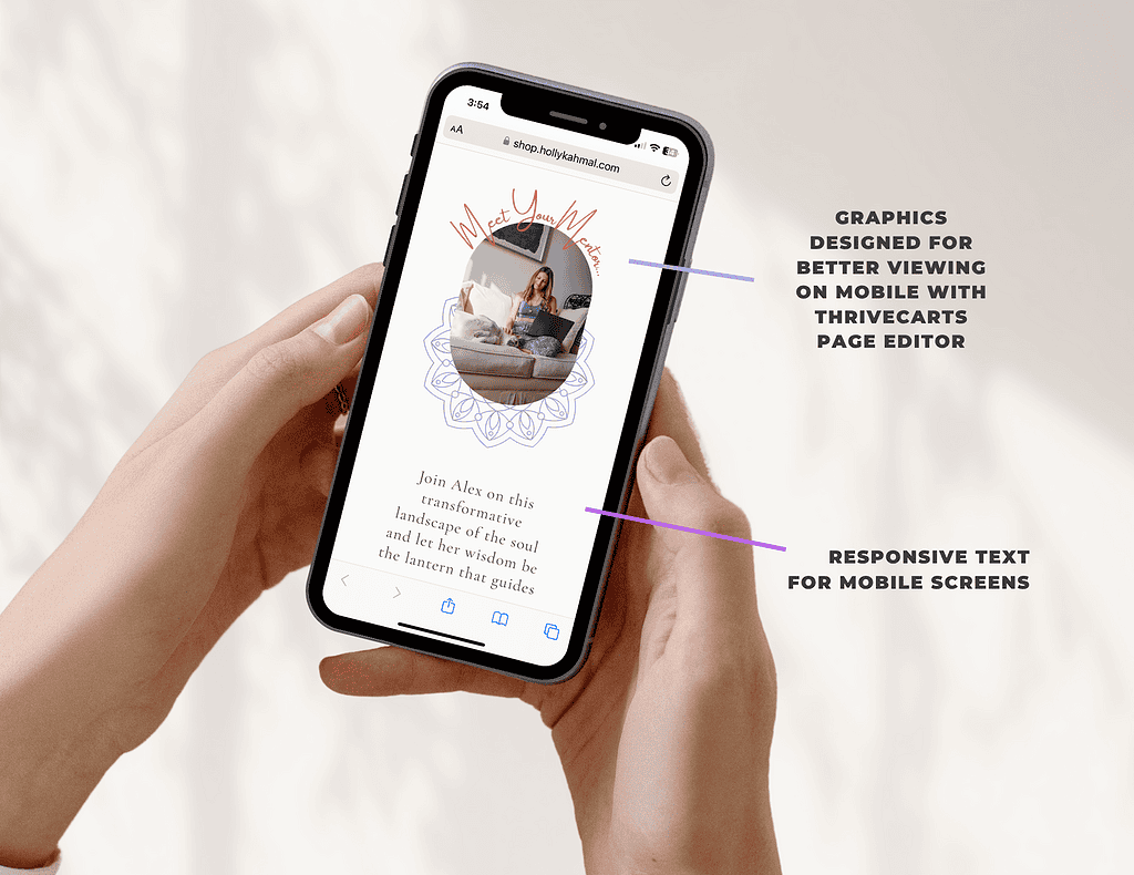 Mobile view of Thrivecartshop page with responsive text and graphics.