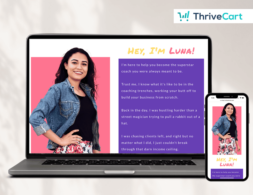 ThriveCart opt-in template featuring Luna, a coach with a laptop and phone.