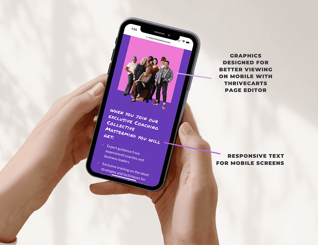Mobile view of Thrivecartshop website with graphics and responsive text.