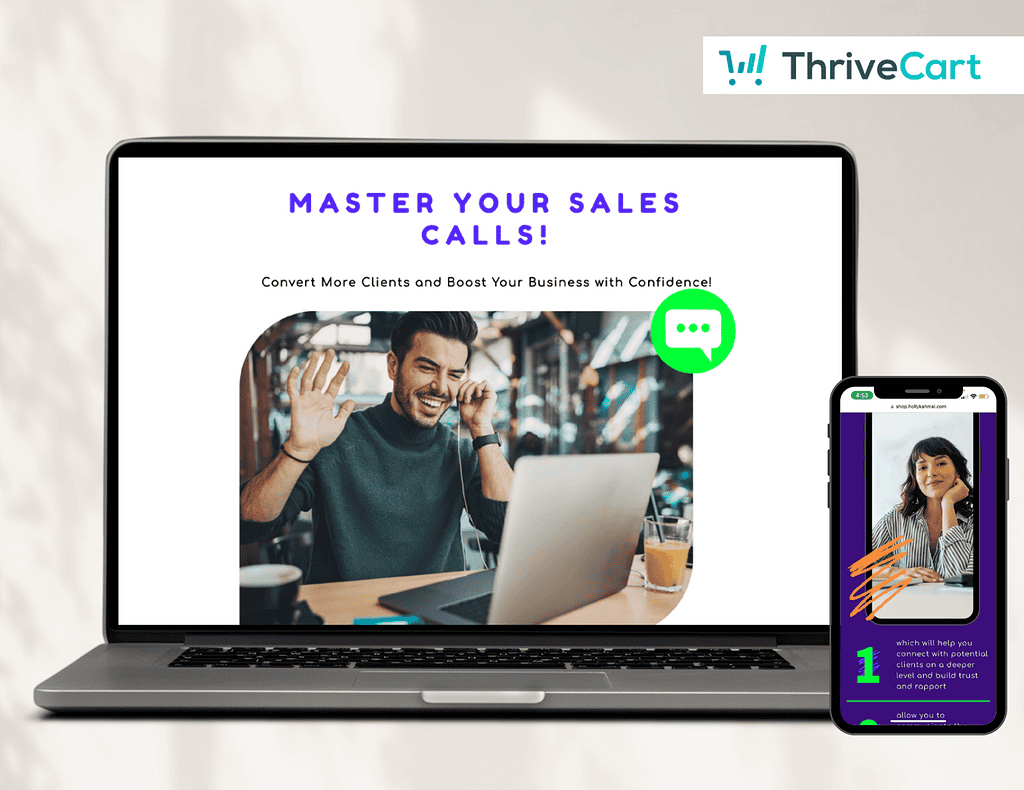 Laptop and smartphone displaying sales call tools for ThriveCart.