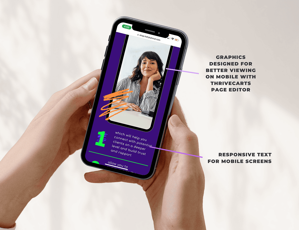 Mobile phone displaying Thrivecartshop page with graphics and responsive text.