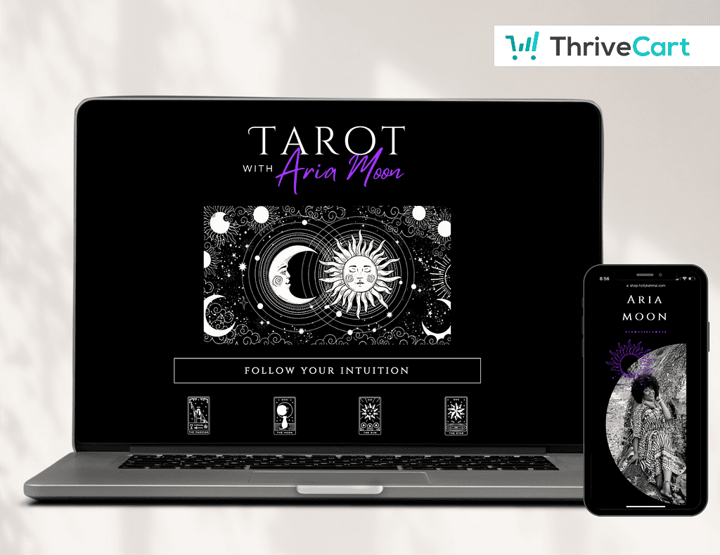 Tarot with Aria Moon digital tarot reading product on laptop and phone.