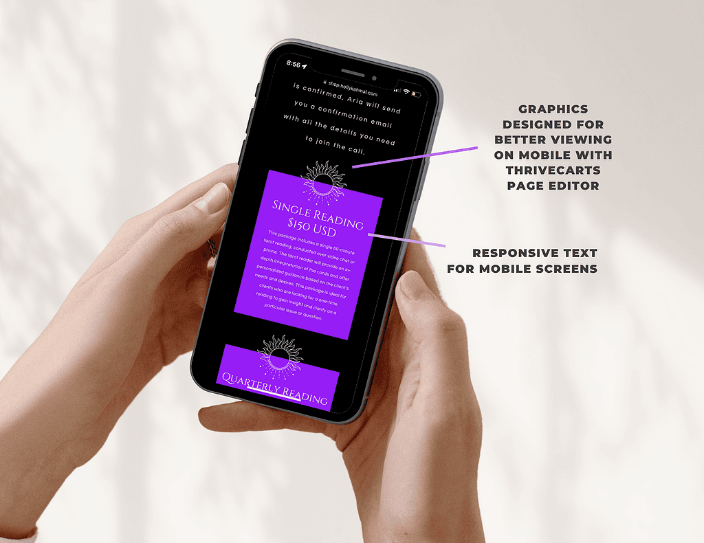 Mobile view of Thrivecartshop with responsive text and graphics for better viewing.