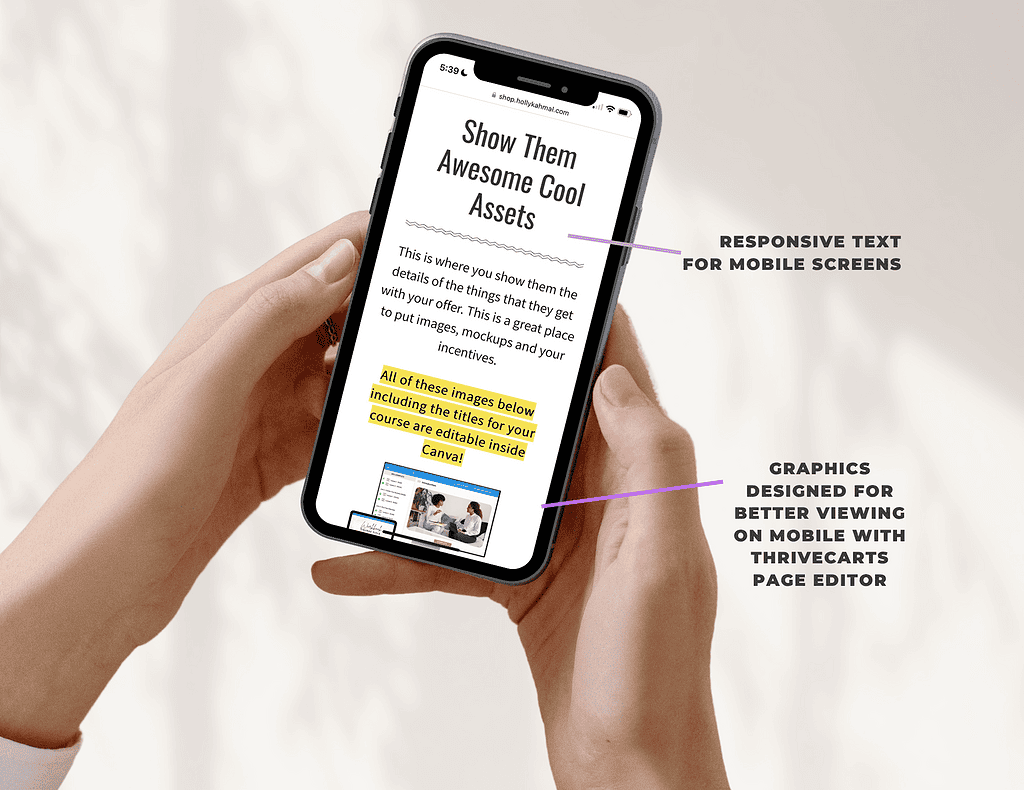 Mobile view of ThriveCart course creator template with responsive text and graphics.