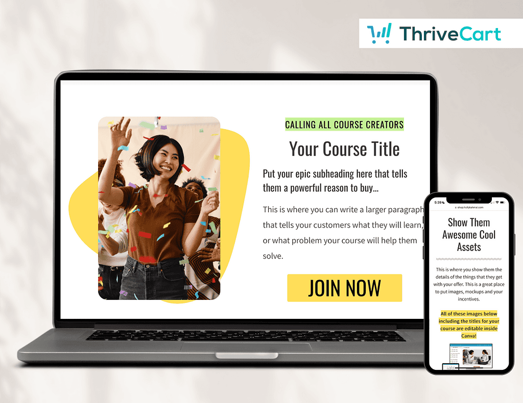 Laptop and mobile displaying ThriveCart course creator template and assets.