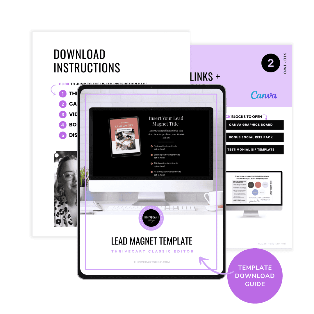 ThriveCart lead magnet template with instructions and design elements for opt-in pages.
